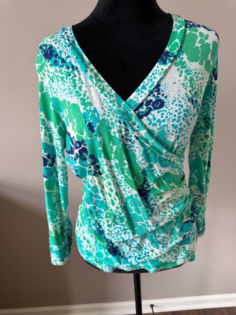 CAbi Green Teal Blue Printed Long Sleeve Wrap Top
